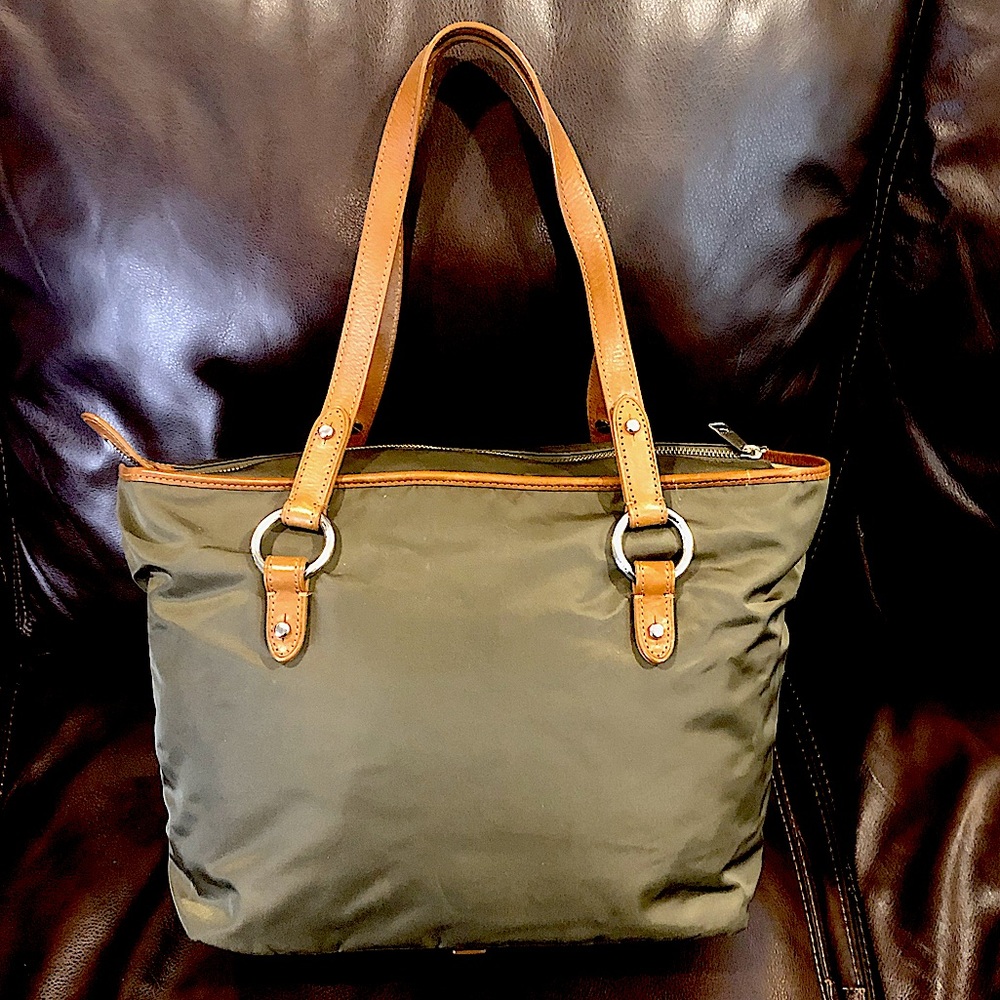 RALPH LAUREN Olive Green Nylon Top Zipper And Leather Shoulder Bag Vintage